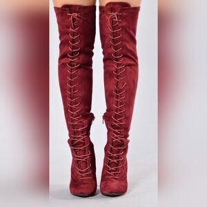 Fashion Nova Burgundy Lace-Up Over-the-Knee Boots